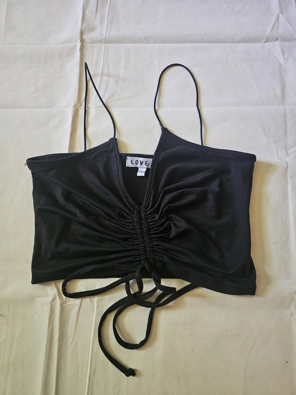 love J Black Ruched Drawstring Spaghetti Strap Crop Top